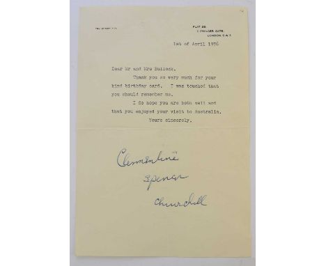 Clementine Ogilvy Spencer Churchill, Baroness Spencer-Churchill GBE (1 April 1885 – 12 December 1977) Letter signed, one side