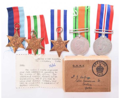 SECOND WORLD WAR: A group of five medals in a box of issue, comprising Italy Star, France and Germany Star, 1939-45 Star, 193