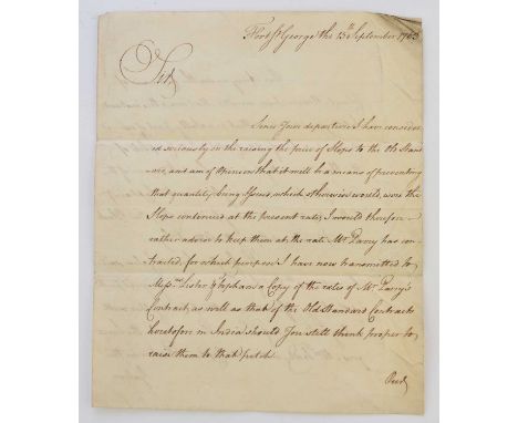Indian Interest. Cuthbert, Arthur (1733-1788) Naval Store Keeper at Fort George, India. Autograph letter signed, 4to, 4 sides