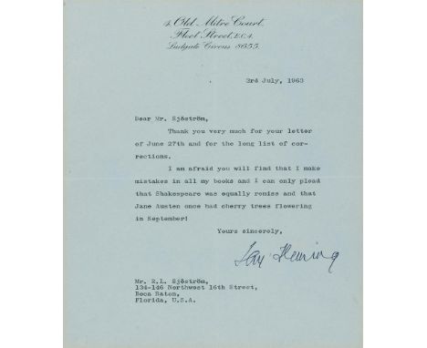 IAN FLEMING.  (British Author, creator of secret agent James Bond, 1908 -1964).  Typed Letter SIGNED, by Ian Fleming, 1963.  