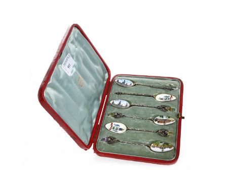 LATE VICTORIAN SET OF SIX SILVER ENAMEL TEA SPOONS, CHESTER 1898 makers mark indistinct, some depicting various landmarks of 