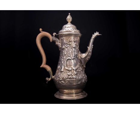 GEORGE III SILVER COFFEE POT SAMUEL WHITFORD, LONDON 1766 of baluster form with fruitwood scroll handle, the hinged cover wit