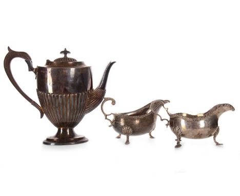 VICTORIAN SILVER COFFEE POT,  BARKER BROTHERS, BIRMINGHAM 1876 with gadrooned body and cover, knop finial and on a stepped ov