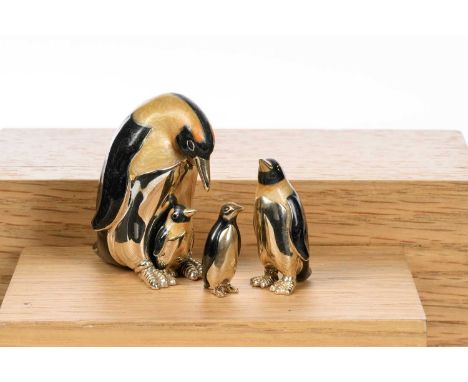 THREE SILVER AND ENAMEL MINIATURE FIGURES, SATURNO the first modelled as a penguin and chick, the other two as further chicks