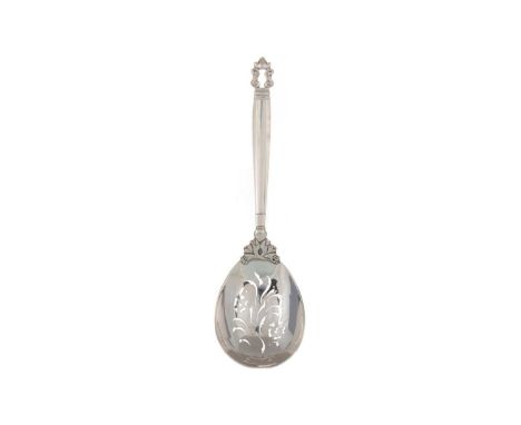 GEORG JENSEN, 'ACORN' PATTERN SILVER SERVING SPOON, DENMARK with pierced bowl22.5cm longQty: aprox 100gCondition generally go