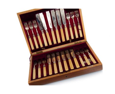 VICTORIAN CANTEEN OF SILVER FISH KNIVES AND FORKS, JOHN SANDERSON, SHEFFIELD 1898 with bone handles, comprising twelve knives