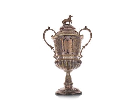 VICTORIAN SILVER PLATED AGRICULTURAL TROPHY CIRCA 1886 the cover with equine finial, the twin-handled body inscribed NORTHERN