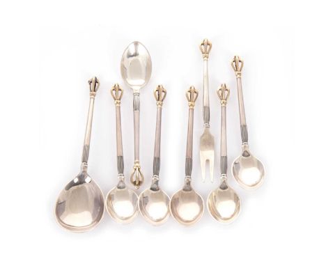 SET OF SIX SCANDINAVIAN SILVER COFFEE SPOONS, W. & S. SORENSEN OF DENMARK with gilt open crown finial, the stem with lower fl