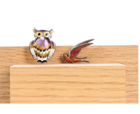 SILVER AND ENAMEL BROOCH, DAVID ANDERSEN OF NORWAY modelled as an owl, along with another Scandinavian silver and enamel broo
