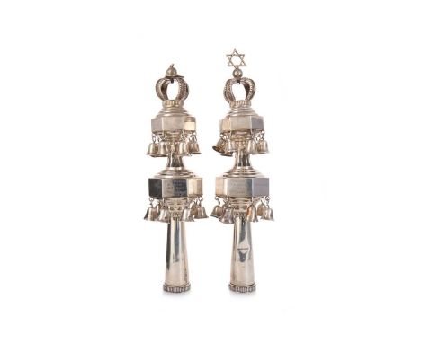 JUDAICA SILVER, PAIR OF RIMONIM, A. TAITE & SONS, LONDON 1955 each of octagonal form with crown to Star of David finial, insc