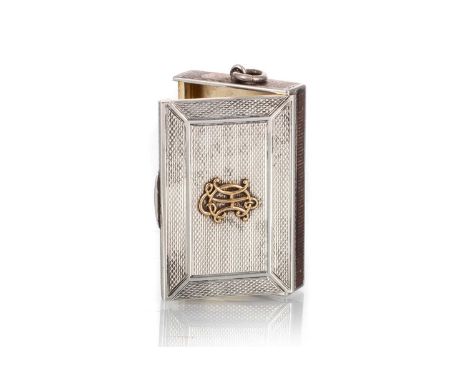 GEORGE V SILVER MATCH BOX HOLDER, ALFRED CLARK, LONDON 1932 engine turned exterior, the hinged cover mounted with gilt monogr