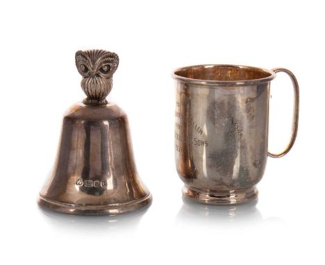 ELIZABETH II SILVER BELL, WAKELY & WHEELER, LONDON 1955 with owl-form finial, along with a silver George VI silver mug, engra