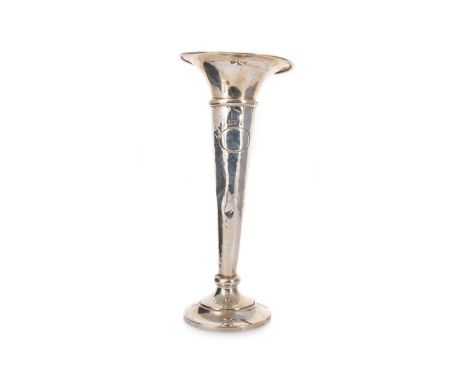 SILVER TRUMPET VASE, WALKER & HALL with hammered decoration, base loaded26cm high