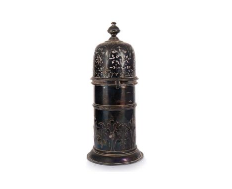 VICTORIAN SILVER 'LIGHTHOUSE' SUGAR CASTER, GEORGE ANGELL, LONDON 1889 the pierced cover with knop finial, the body with sing