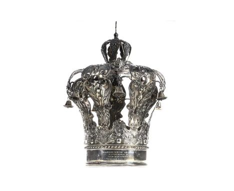 JUDAICA SILVER, IMPRESSIVE TORAH CROWN, HAZORFIM, ISRAEL stamped HAZORFIM 925, with Star of David finial, the curved open upr