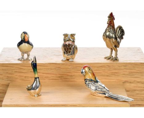 GROUP OF SILVER AND ENAMEL MINIATURE FIGURES, SATURNO modelled as a duck, a puffin, a parrot, an owl and a roosterthe rooster