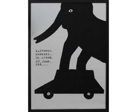 * DAVID SHRIGLEY OBE (SCOTTISH b. 1968),ELEPHANT CHOOSES TO STAND ON YOUR CARlithograph on paperimage size 69cm x 49cm, overa