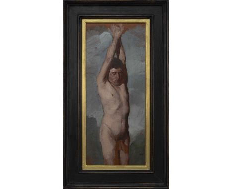 * PAUL REID (SCOTTISH b. 1975), THE STUDY FOR MARSYAS oil on canvas paper, signed, titled label verso image size 44cm x 18.5c