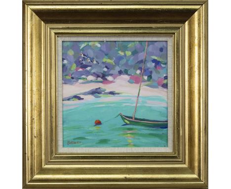 * MARY BATCHELOR (SCOTTISH 1944 - 2017),DINGHY AT IONAoil on board, signed; titled label versoimage size 24cm x 24cm, overall