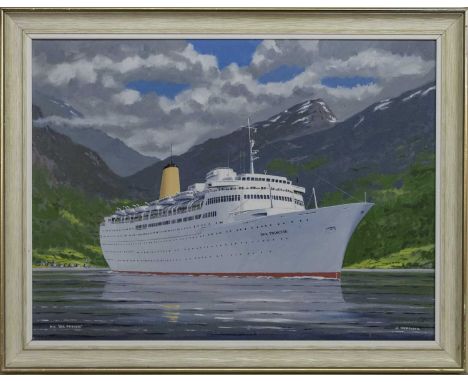 * JOHN NICHOLSON (SCOTTISH 1921 - 2004),M.V. "SEA PRINCESS"oil on canvas, signed and titledimage size 45cm x 60cm, overall si