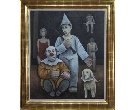 * MICHAEL SCOTT (SCOTTISH 1946 - 2006),CLOWNSoil on canvas, signed and dated 2005 label versoimage size 91cm x 76cm, overall 