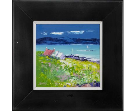 * KEVIN FLEMING,SUMMER LIGHT, COTTAGES AT TRAIGH BAHN, IONAoil on board, signed, titled label verso image size 30cm x 30cm, o