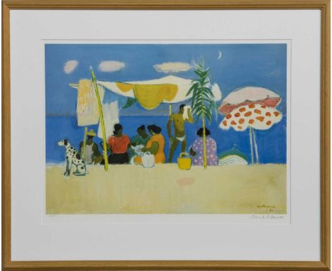 * ALBERTO MORROCCO RSA RSW RP RGI LLD (SCOTTISH 1917 - 1999),PEASANTS ON THE BEACHlimited edition lithograph signed and numbe