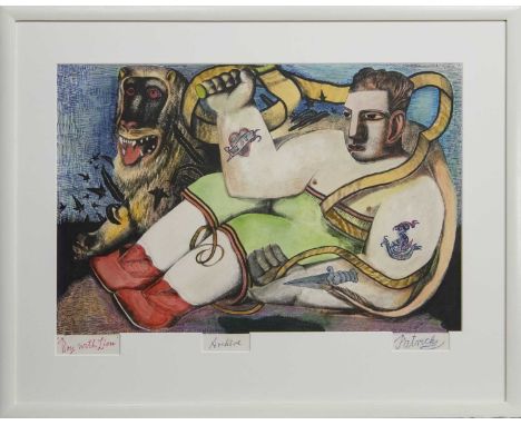 * JOHN BYRNE RSA (SCOTTISH b. 1940),BOY WITH LIONmixed media on paper, signed and titled, inscribed 'archive'image size 52cm 