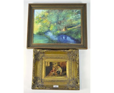 An overpainted Victorian print, featuring two children feeding a rabbit, indistinct signature (lower right), in gilt frame, 1