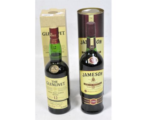 Two boxed bottles of Whisky, one of The Glenlive Single Malt Scotch Whisky and one of Jameson Irish 12 Whisky.