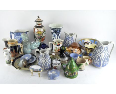 A collection of ceramics, including Wedgwood Jasperware pots and plates, Royal Worcester pot, Japanese crackle lidded vase an