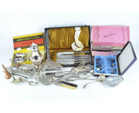 A quantity of silver plate flatware and tableware including boxed sets of knives and spoons