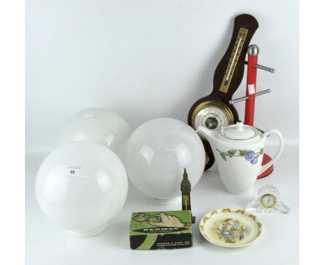 Assorted collectables, including three round glass shades, a Bunnykins dish, barometer, Wedgwood Blue Delphi coffee pot, and 