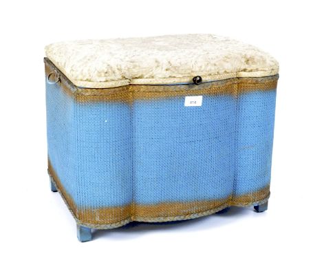 A mid-century Lloyd Loom style dressing table seat with hinged lid and side handles, painted blue and with upholstered seat, 