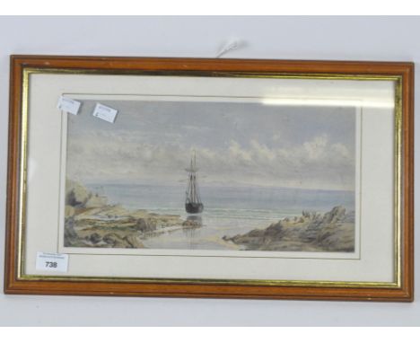 A 20th century watercolour, depicting a seascape with a masted boat, unsigned, 18cm x 35cm, framed and glazed.