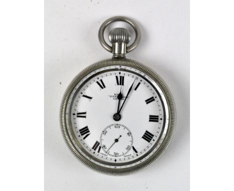 A white metal cased Swiss open faced pocket watch, with Kays 'standard' lever movement, the enamel dial with Roman numerals d