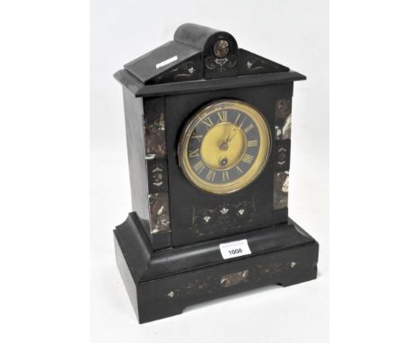 A Victorian slate mantle clock, with marble and gilt inlay, on pedestal base, gilt and black dial with Roman numerals, moveme