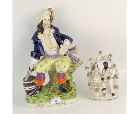 A Staffordshire figure 'Will Wait', height 34cm, together with a ceramic figure of a man and girl seated in a garden, height 