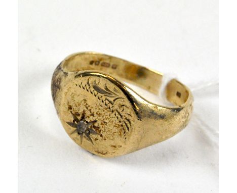 A gents hallmarked 9ct gold signet ring, set with a single white stone, UK ring size Q, 4g.