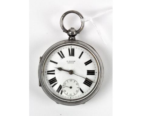 An Edwardian silver open faced pocket watch, retailed by H Stone of Leeds, hallmarked Chester 1908, the enamel dial with Roma