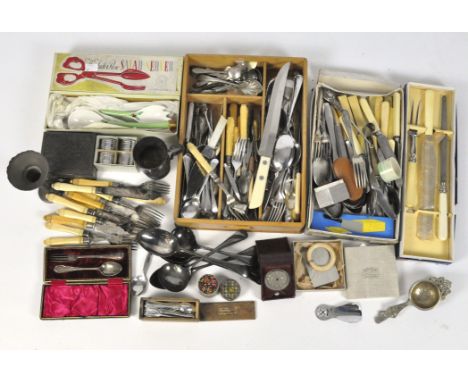 A large selection of silver plate and other collectables, to include flatware, colourful matches in original box, travelling 