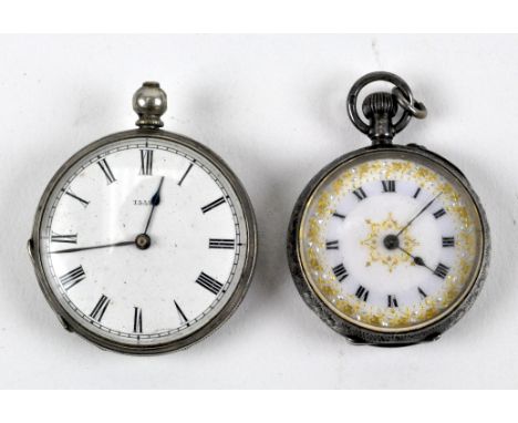 Two silver cased open faced fob watches, the smaller with highly engraved vase, the enamel dial with gilt foliate border and 