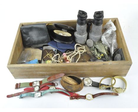 A large assortment of collectables, to include a Lucerne 17 jewel manual wind wristwatch, coinage, pair early binoculars, cuf