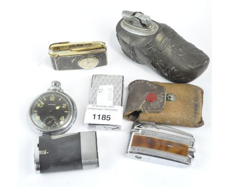 A collection of vintage lighters, to include a Colibri Molectric, Buler pocket lighter mounted with small clock and others, t