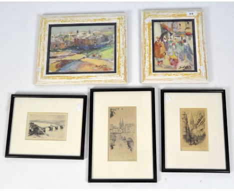 Two contemporary acrylic on board paintings featuring street scenes, together with a signed print of a villige beside and riv