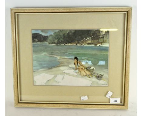 A Russell Flint (1880-1969) print, depicting a lady seated beside a river, 22cm x 29cm, framed and glazed