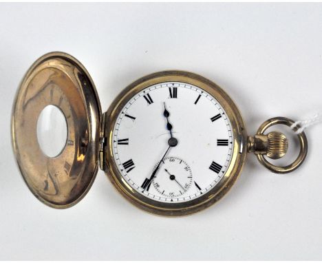 A gold plated half hunter gents pocket watch, the case stamped 'Elgin' the enamel dial with Roman numerals denoting hours, wi