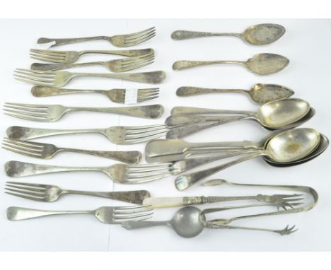An assortment of silver plated flatware, comprising spoons, forks, sugar tongs and more, together with a single silver spoon,