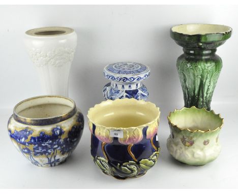 Three glazed ceramic jardiniere stands, together with three jardinieres, of assorted sizes and designs, none matching