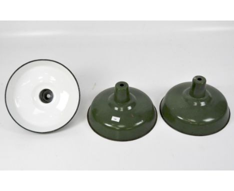 Three retro green enamel hanging light shades, height 22cm
